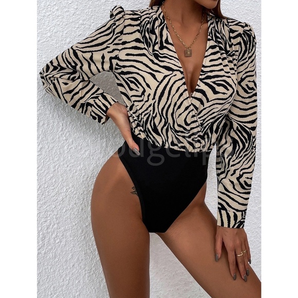 Zebra Animal Print Bodysuit Long Bishop Sleeves Puff V-Neck Surplice Black Beige - Picture 2 of 8